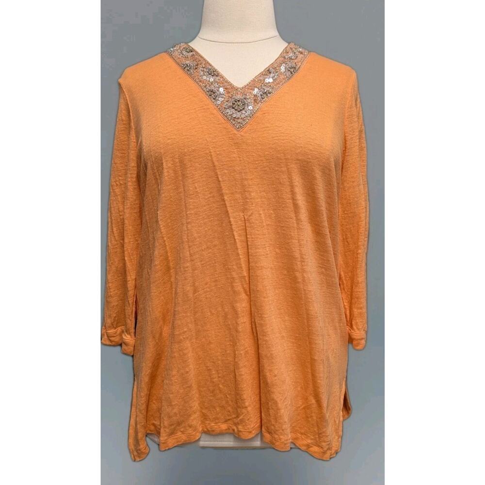 Chico's Orange 100% Linen V-Neck 3/4 Sleeve Top XL